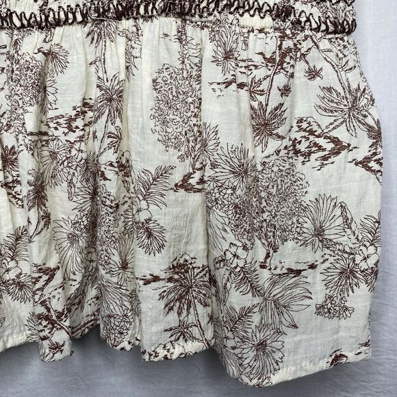 MINE Anthropologie Blouse Smocked Peplum Flutter Sleeve Womens S Cream Brown - Picture 9 of 13